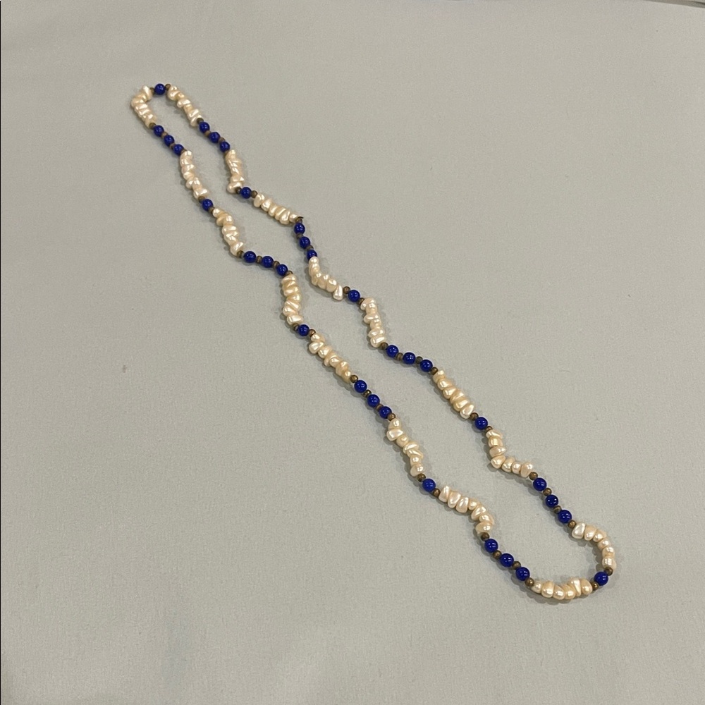 Vintage!  Cream Pearl and Blue Long Necklace